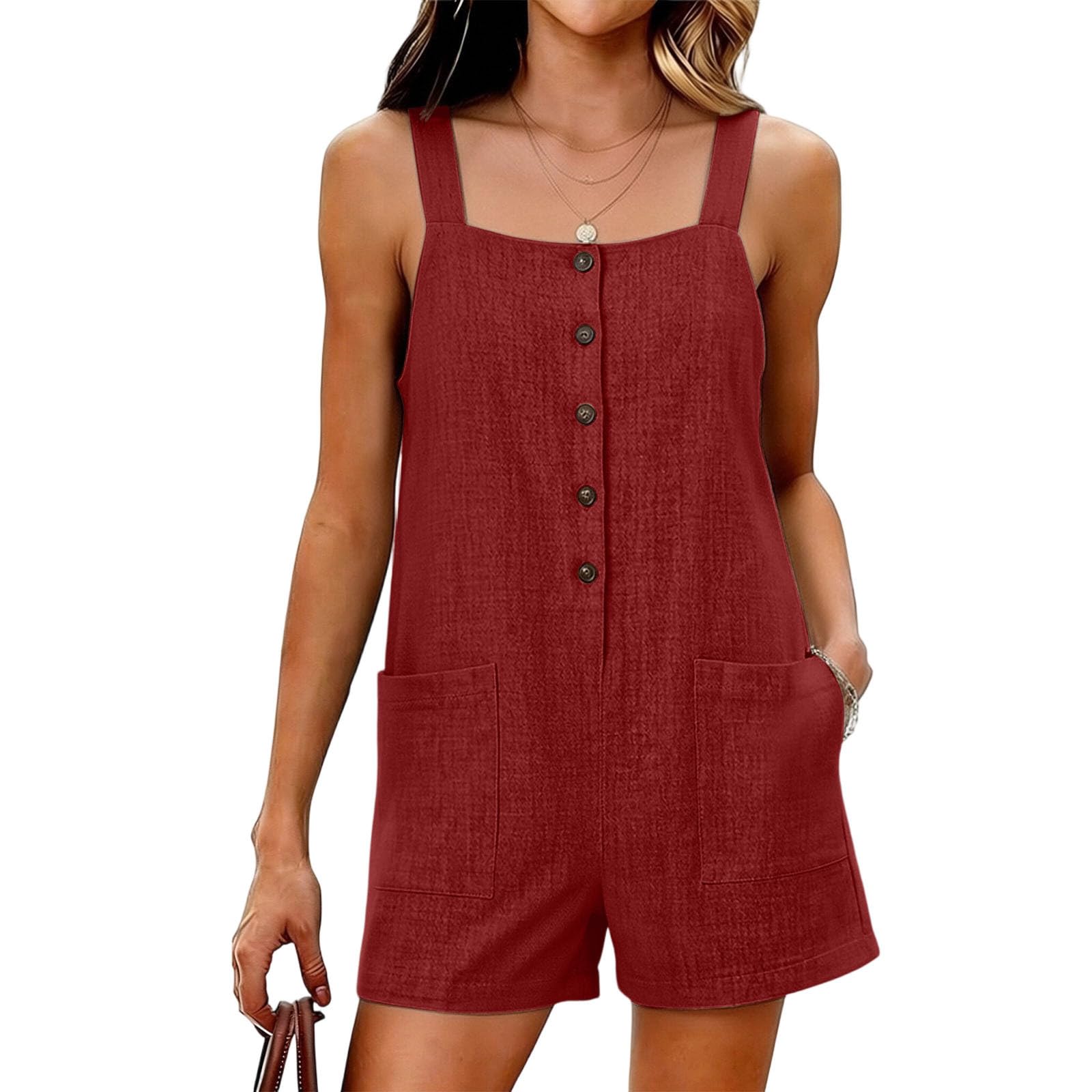 

Womens Linen Sleeveless Romper Button Front Loose Fit Wide Strap Casual Beach Vacation Jumpsuit with Pockets XL червоний