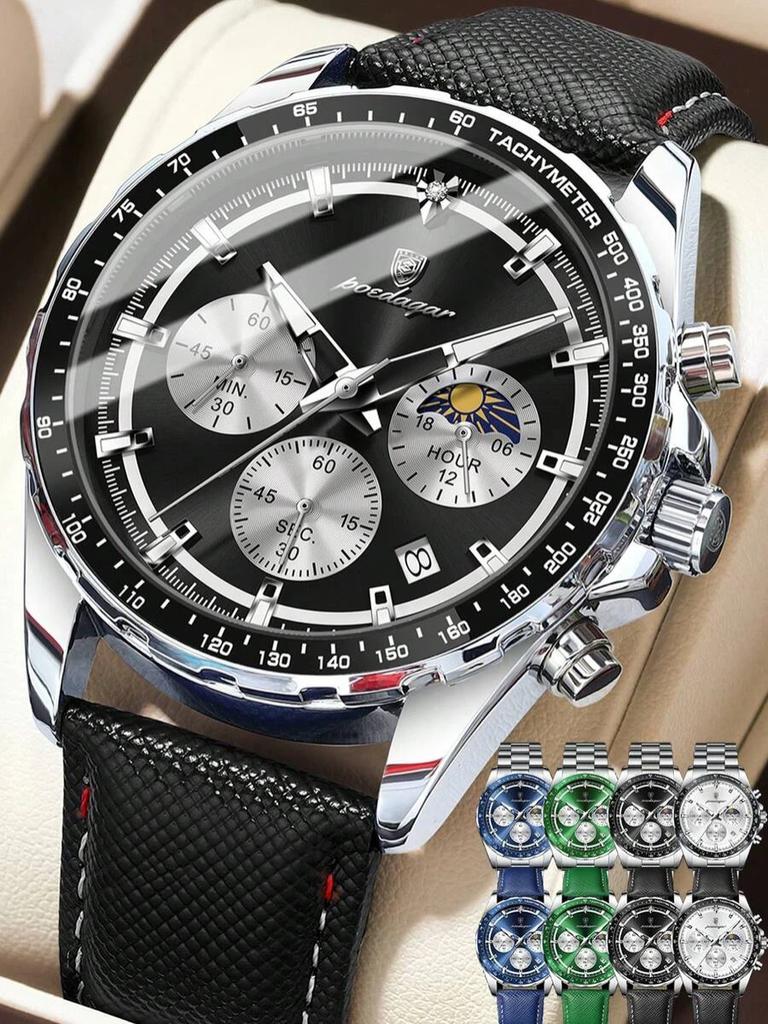 POEDAGAR Fashion Men's Watches High Quality Luminous Waterproof Male Wristwatch Leather Chronograph Date Sports Quartz Clock