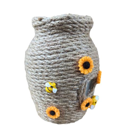 Honungskrukvas med bi och solrosor Naturligt jutesnöre Blomvas Gårdsbordsskiva Centerpiece för kök matbord Heminredning