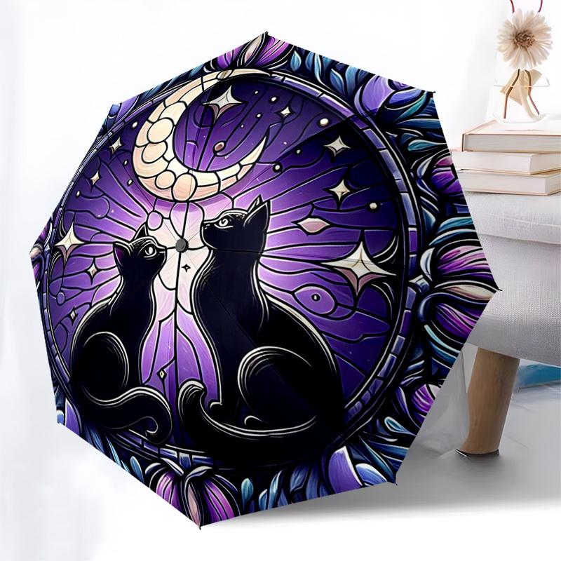 1pc Stained Glass Cats Moon Stars Auto Open Close Umbrella, Portable Tri-Fold Design with 8-Bone Iron Frame, Outdoor for Fans, Travelers, Daily Use, F