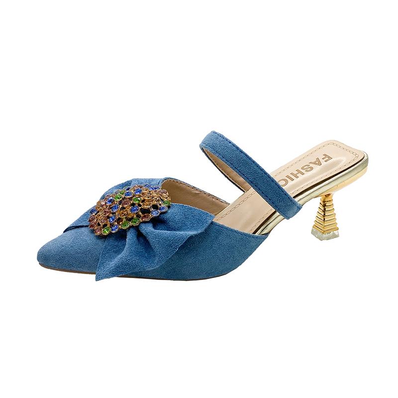 Fashion 2025 Summer Outdoor Women’s Closed Toe Slippers Crystal Bow Tie Pointed Toe Thin Heels Sandals for Fashion Daily Dress Slippers