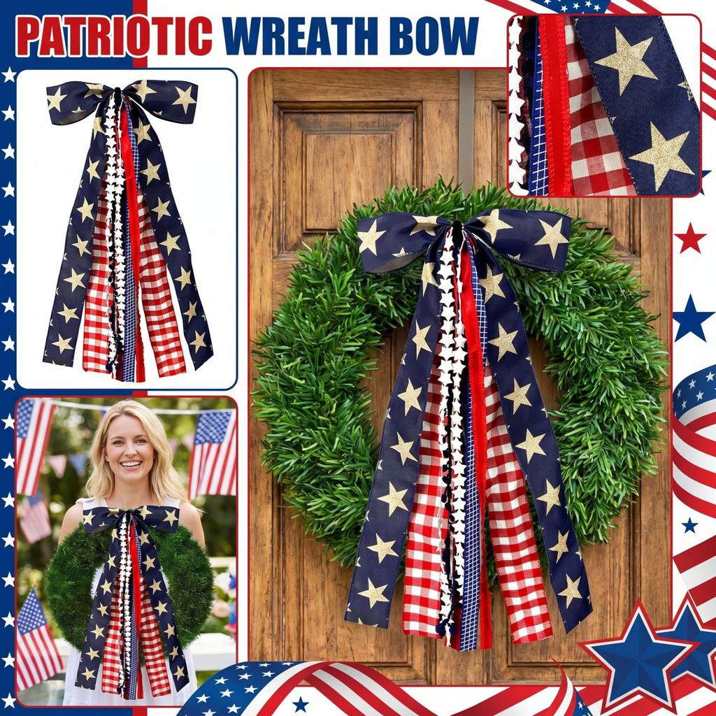 Patriotic Star and Plaid Ribbon Bow for Wreaths Door Wall Decor Indoor Outdoor Decorative Hanging Accessory for Festivals Parties Events