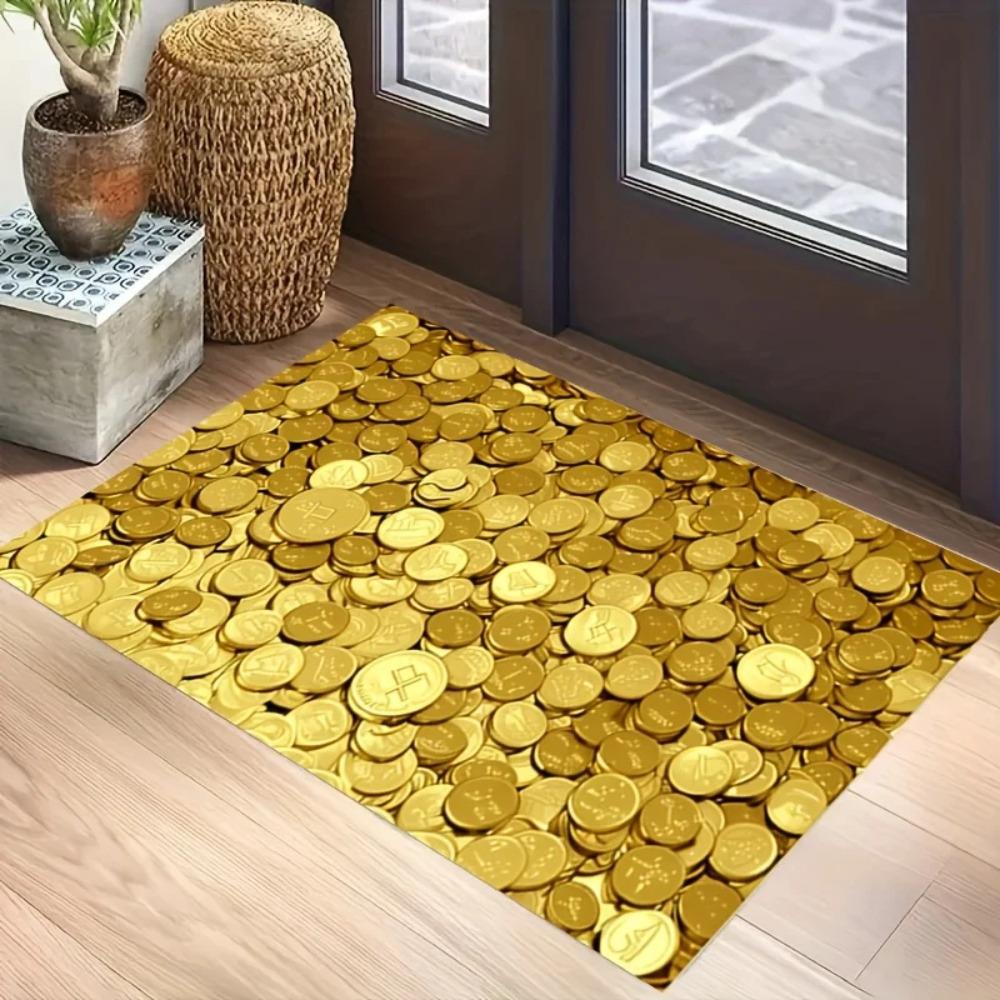 Luxury Gold Coin Welcome Doormat Non-Slip & Easy Clean Perfect for Durable Door Mats in Front of Doors or Bedrooms and Bathrooms