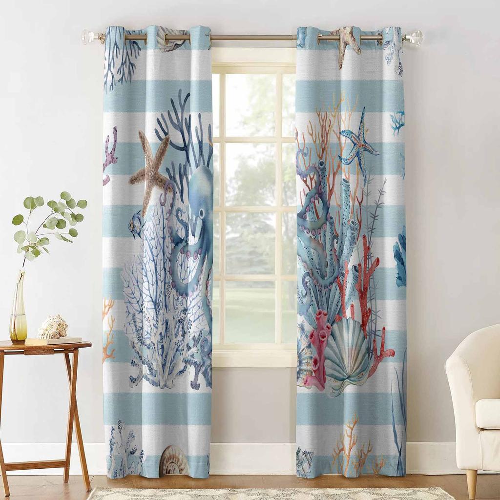 Ocean Striped Coral Starfish Shell Conch Octopus Blackout Curtains For Living Room Bedroom Window Treatment Drapes Home Decor