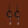 Gothic Retro Black Crescent Purple Crystal Beads Five-pointed Star Tassel Dangle Earrings for Women Hallowmas Party Jewelry Gift