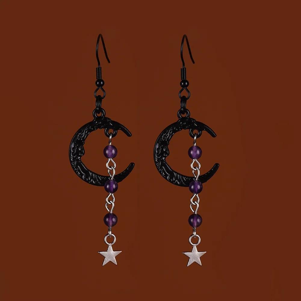 Gothic Retro Black Crescent Purple Crystal Beads Five-pointed Star Tassel Dangle Earrings for Women Hallowmas Party Jewelry Gift