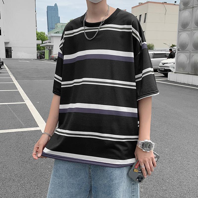 Short Sleeve 3d Printed T-shirt Men's Summer New Korean Style T-shirt Men's Round Neck Loose Half Sleeve Men's Fashion Stripe Shirts