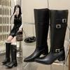 New Winter Black Punk Round Toe Knee-High Women Boots Square Heels Buckle Strap Ladies Booties Shoes