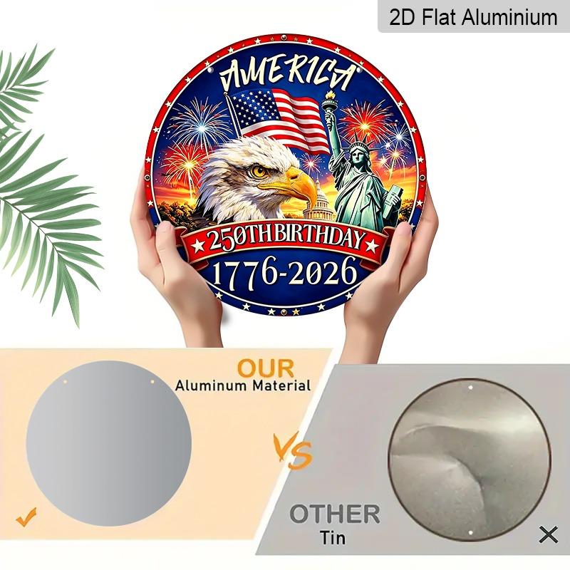 2D Flat Retro Round Aluminum Wall Decor, 250th Independence Day Eagle & Fireworks Design, Indoor Outdoor Hanging Plaque, Commemorative Home Gift