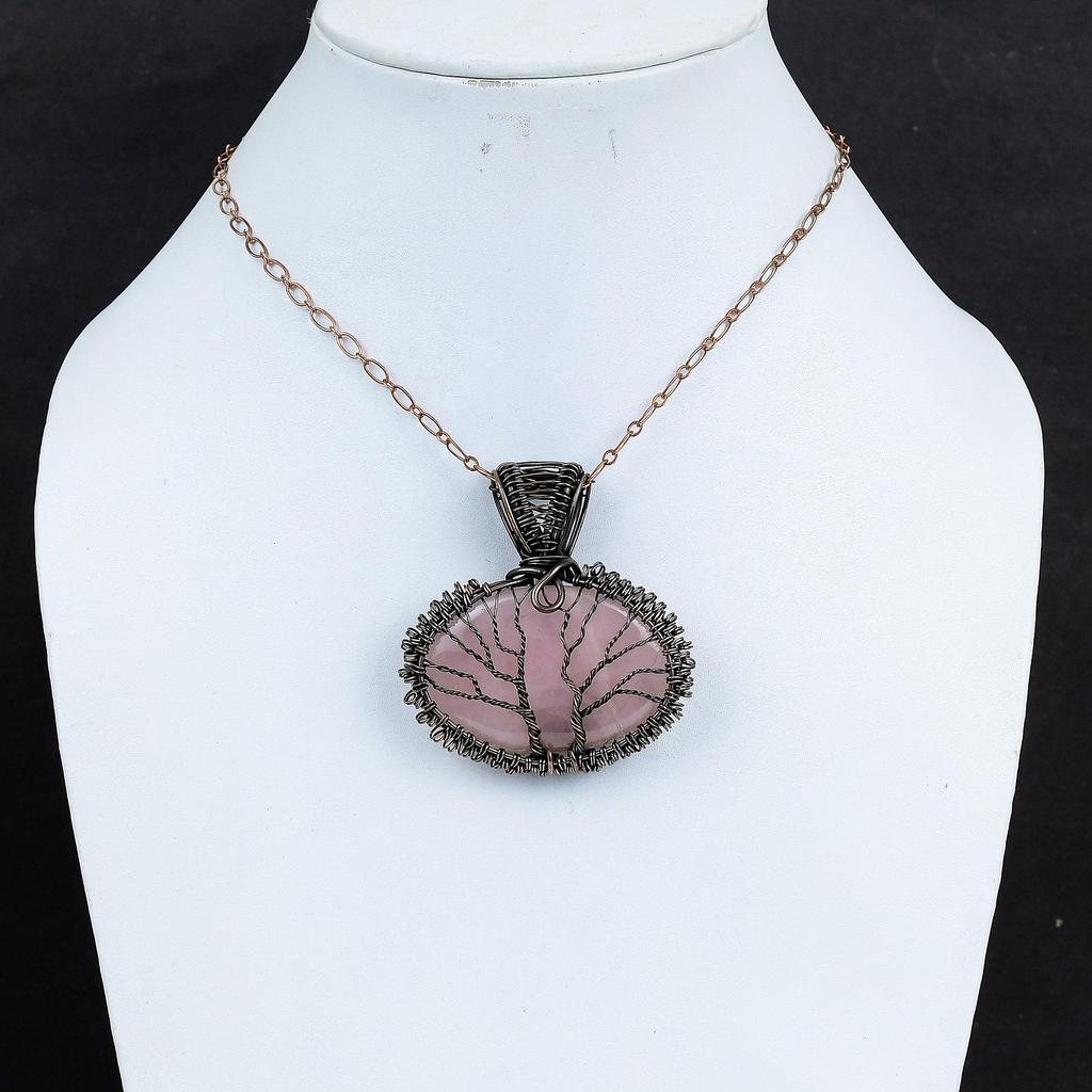 Tree Of Life Rose Quartz Gemstone Handmade Copper Wire Wrap Jewelry Pendant For Wedding Gift