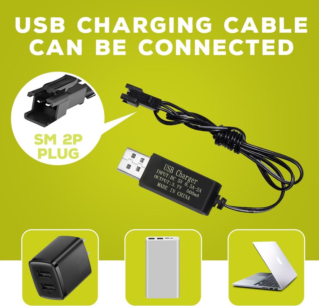 2x Li-ion Rechargeable Batteries 3.7V 1600mAh with SM-2P Connector + USB Cables – Compatible with RC Car 9962 8837 and Toy Truck