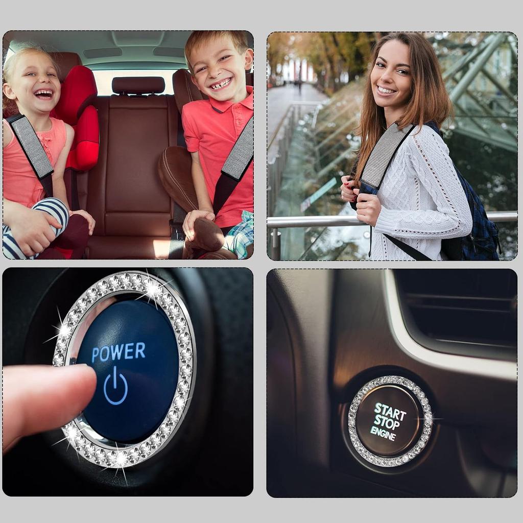 Tallew 5 Pack Bling Seat Belt Covers Rhinestones Car Seat Belt Strap Shoulder Pad for Women with Crystal Diamond Soft Rhinestone Start Button