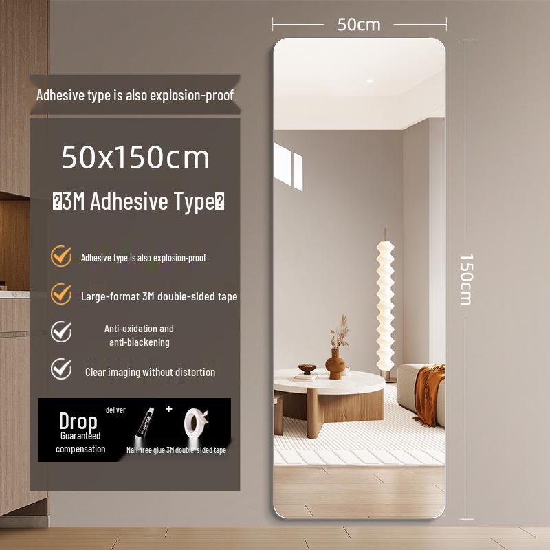 Self-Adhesive HD Full-Length Glass Mirror, Wall-Mounted, Explosion-Proof, Simple Style Dressing Mirror.