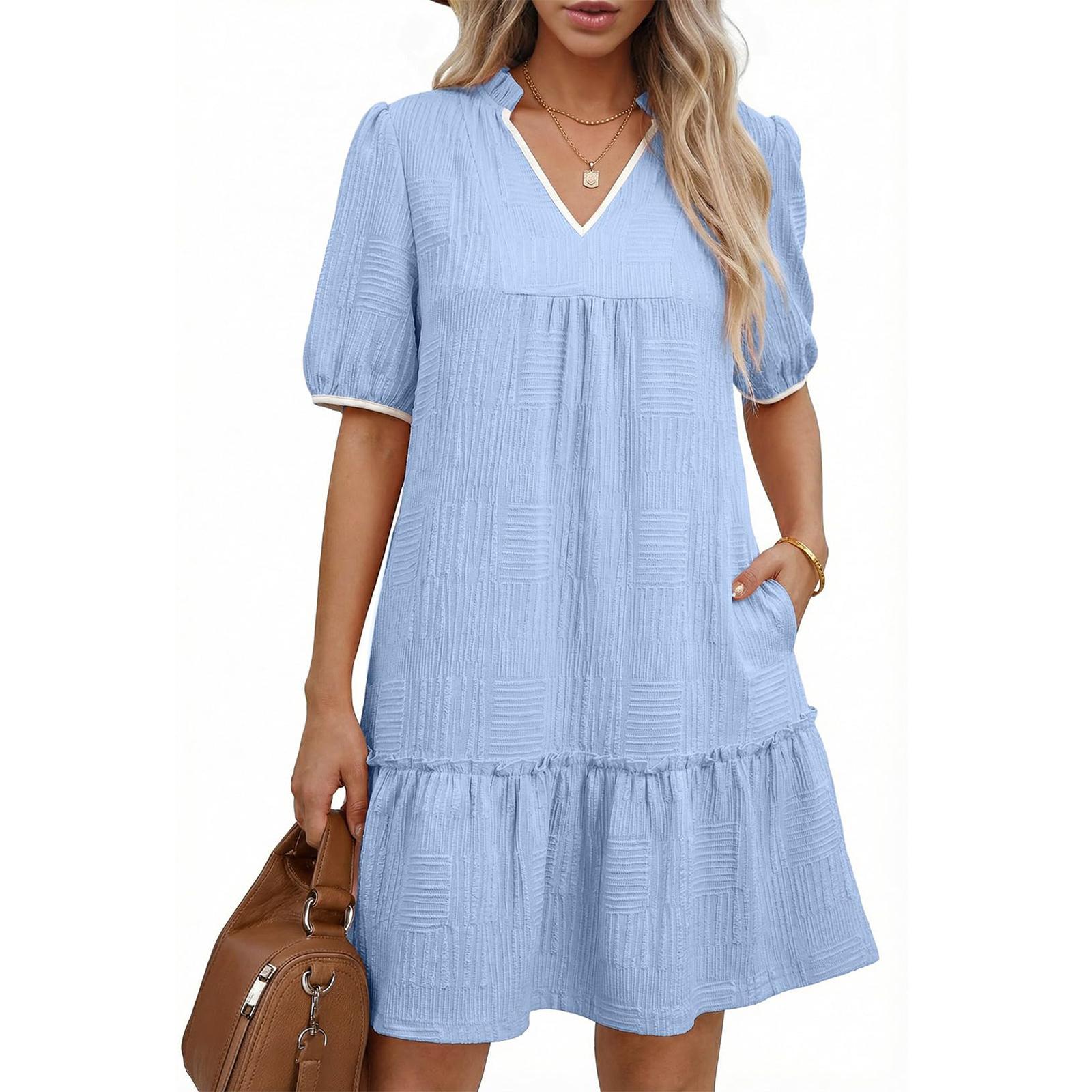 

Женское платье с V-образным вырезом, карманом-портфелем и короткими рукавами L синий