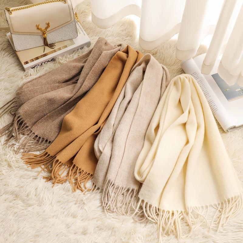 Autumn and Winter New 100% Pure Cashmere Small Scarf Women's Premium Water Ripple Fringed Scarf Versatile Solid Color Scarf
