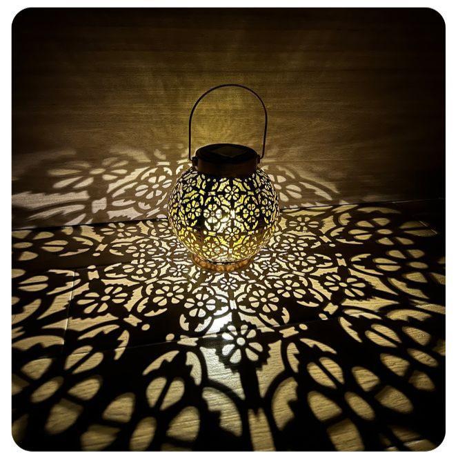 Projection Light New Solar Wrought Iron Lantern Hollow Outdoor Courtyard Landscape Garden Hanging Light Decorative Pendant