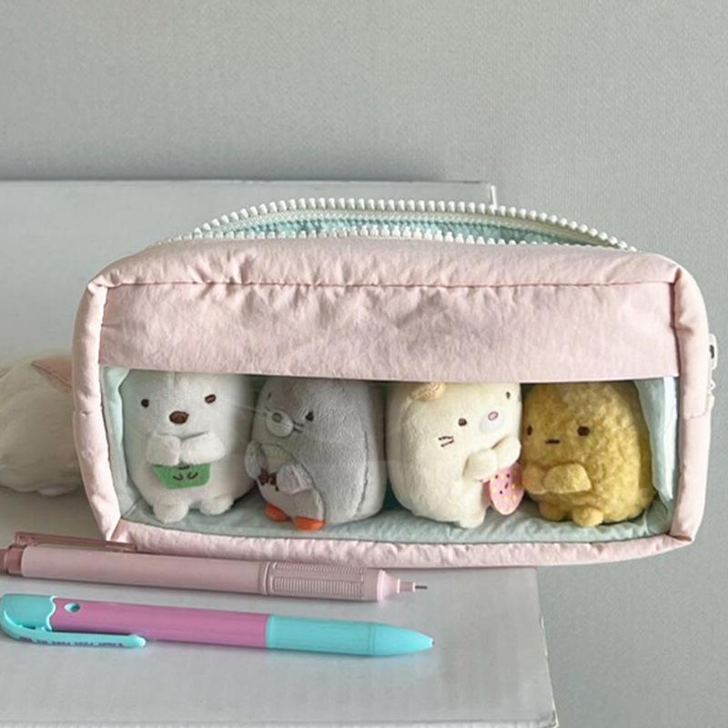 Causal Cute Pencil Case Tranpsarent Windows Badge Pin Displaying Stationery Organizer Large Capacity Pen Bag Back To School