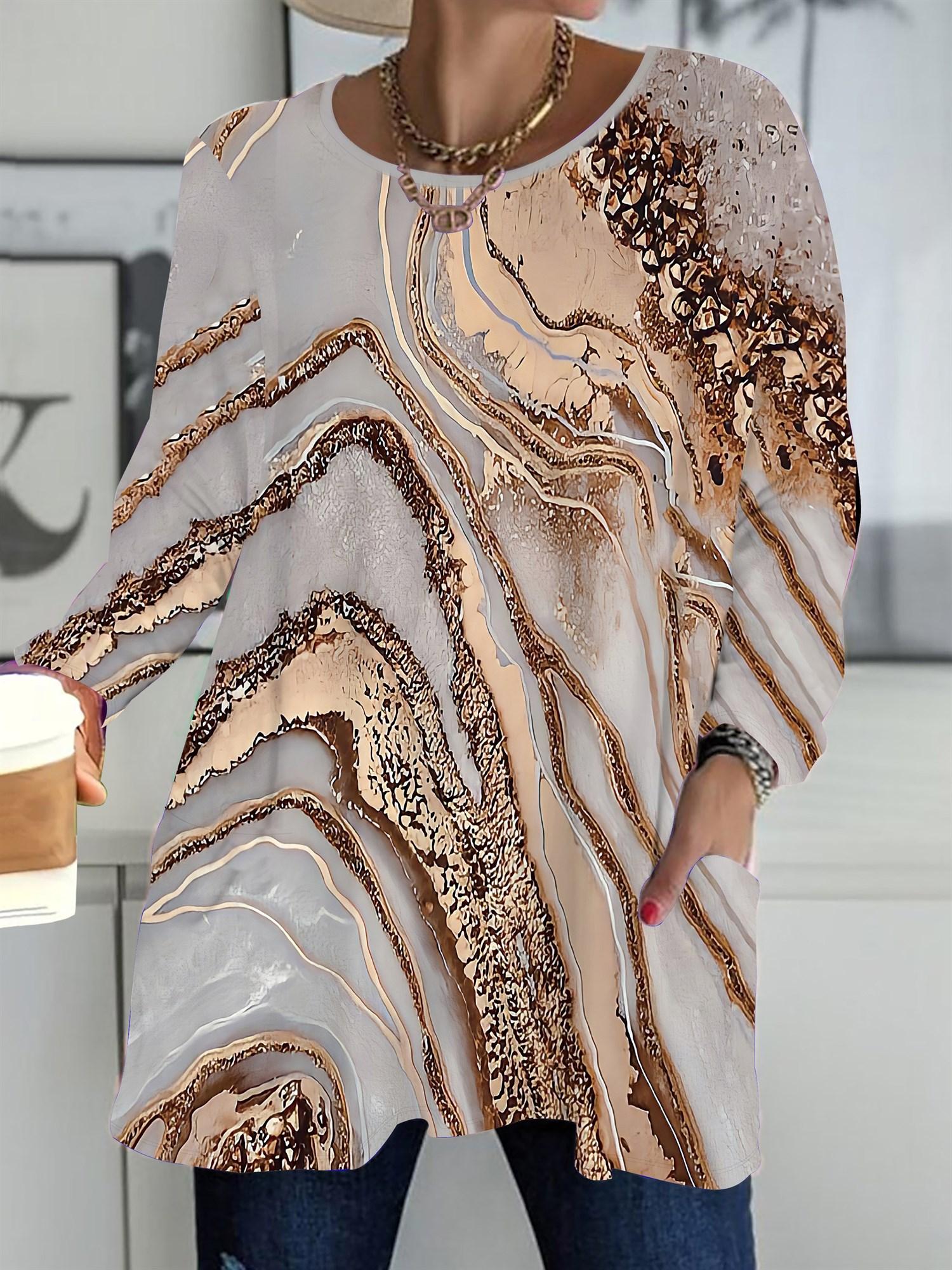 

Осень-Зима 2025 Новые Женские Топы Большого Размера, Мраморный 3D Принт, Модные Футболки с Круглым Вырезом и Длинным Рукавом 6XL коричневый