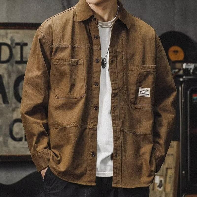 Men's 2026 American Workwear Style Retro Casual Long-Sleeve Shirt Jacket for Spring & Autumn