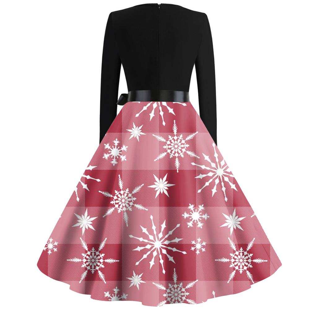 Dámské módní neformální štíhlé vánoční potištěné šaty s dlouhým rukávem s kulatým výstřihem