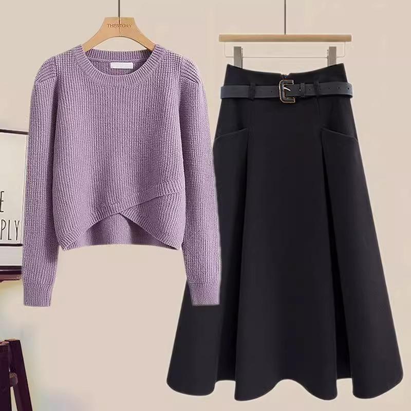 Autumn Women's Suit New Fashion Temperament Age-reducing Knitted Top Slimming Skirt Two-piece Set