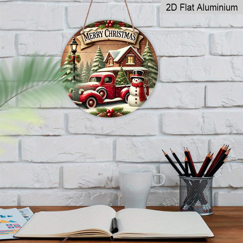 2D Flat, 1pc Round Merry Christmas Vintage Aluminum Hanging Ornament, Snowy Cabin Pine Tree Holly Berry Winter Scene Print, Metal Wall Door Hanging