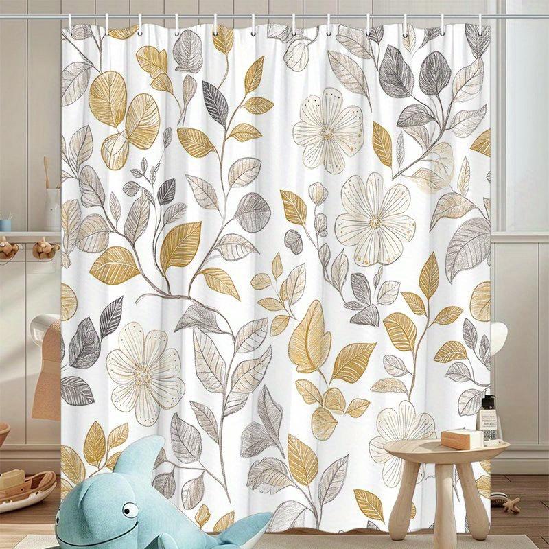 Simple Retro Floral Pattern Shower Curtain, Polyester Fabric, With Hooks, Machine Washable, Suitable For Bathroom Decoration.