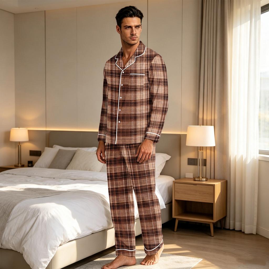 Herren-Karomuster-Pyjamaset mit Knopfleisten-Cardigan und gerader Hose - Entspannte zweiteilige Nachtwäsche für Herren