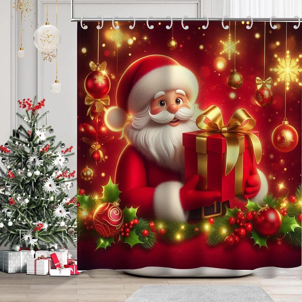 Christmas Festival Decorations Santa Claus Pattern Bathroom Shower Curtain With 12  Hooks Home Bathroom Decor and Accessories