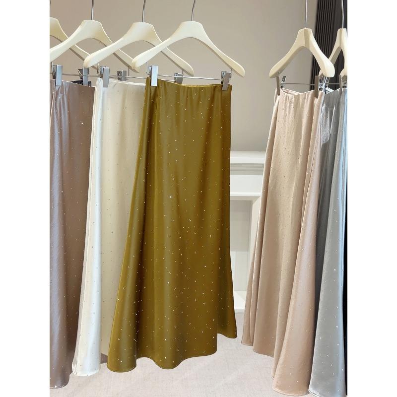 Tall Acetate Satin Hot Diamond Skirt Women's Spring New French High Waist Skinny Hips Fish Tail Dress