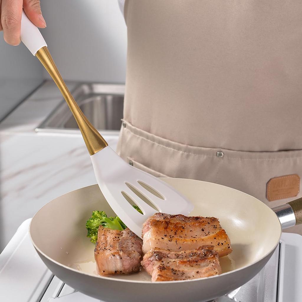 8pcs White Silicone Cooking Utensils with Strong Gold Handle Kitchen Essentials, Silicone Spatula Cooking Spoons