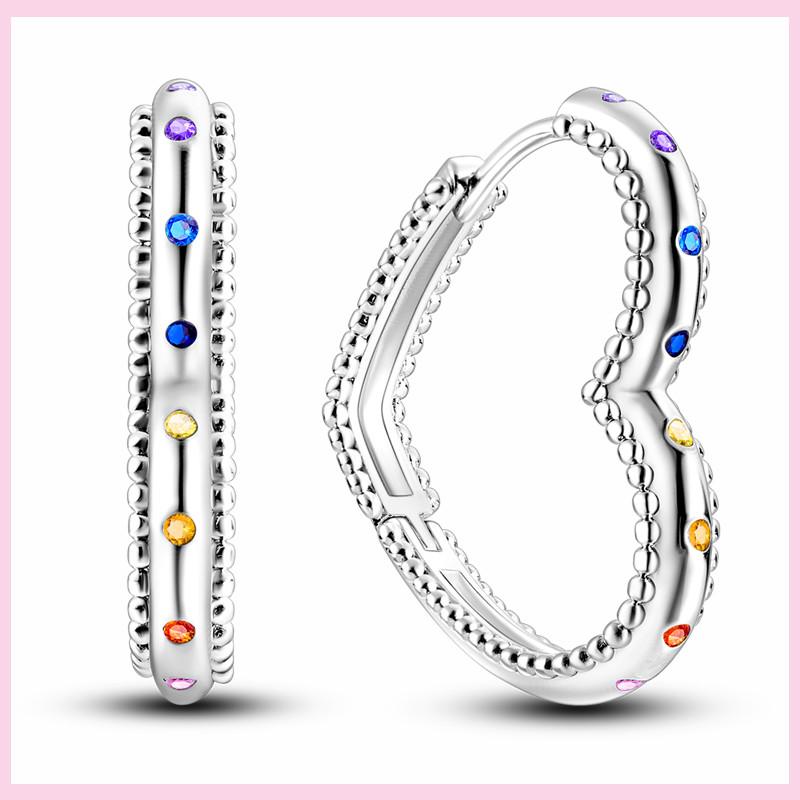 100% 925er Sterlingsilber Funkelnde Bunte Zirkon Ohrringe Herzförmige Creolen für Damen Hypoallergener Modeschmuck