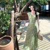Seaside Vacation Green Floral Small Flying Sleeve Dress Gentle Temperament Beautiful Waist a Word Beach Dress