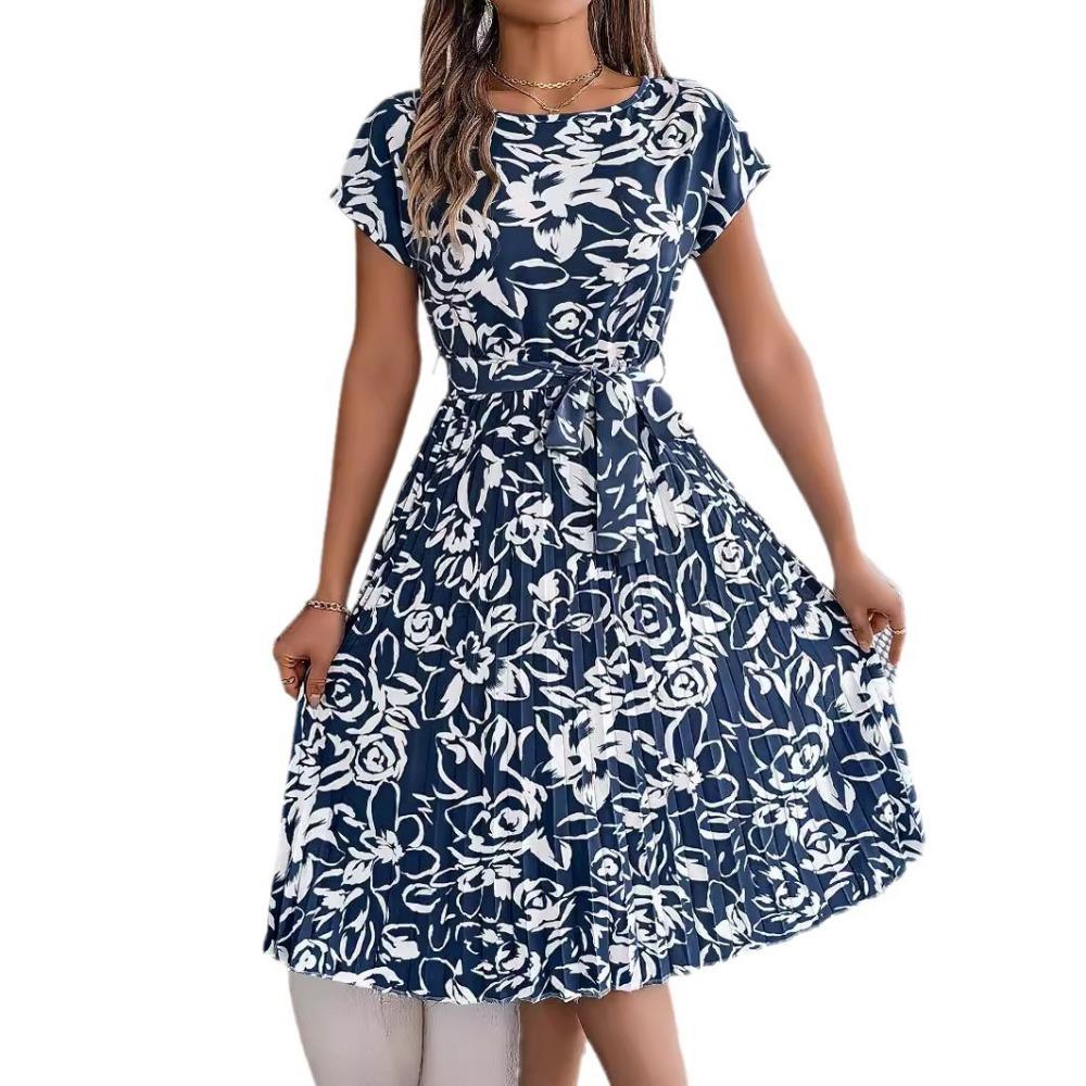 

Женское элегантное платье с цветочным принтом, коротким рукавом, расклешенное, плиссированное, повседневное, новое летнее платье с цветочным принтом XL тёмно-синий