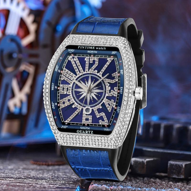 1PC Men's Watch Barrel Watch Simple Watch Belt Yacht Diamond Retro Quartz Watch