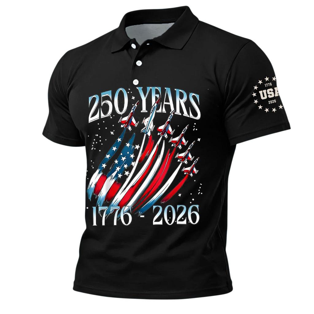 Men's Polo Shirt Short Sleeve 250 Years 1776 2026 Printed USA Flag Aircraft Graphic Casual Top