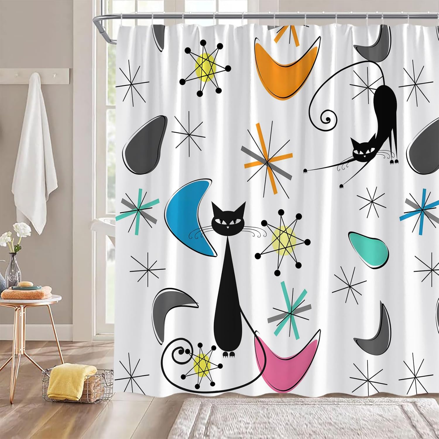 

Mid Century Atomic Cat Shower Curtain Pink Gray Blue Modern Abstract Geometric Black Cat Retro 50S Fabric Bathroom Decor Curtain W60H190(CM)-1 Pcs
