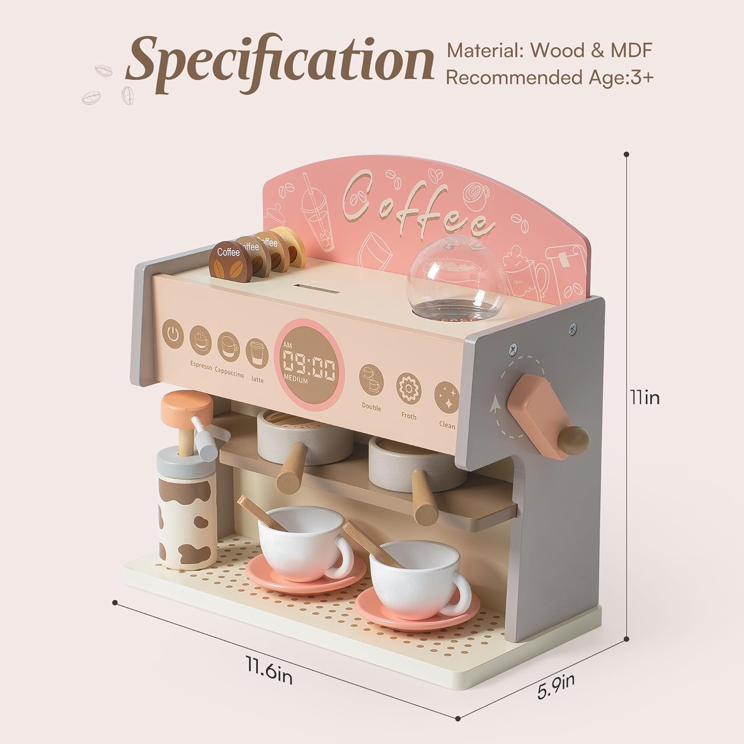 Robotime Robud Kids Coffee Maker Wooden Toy Coffee Maker Espresso Machine Play Kitchen Accessories Toy Sets Girls and Boys