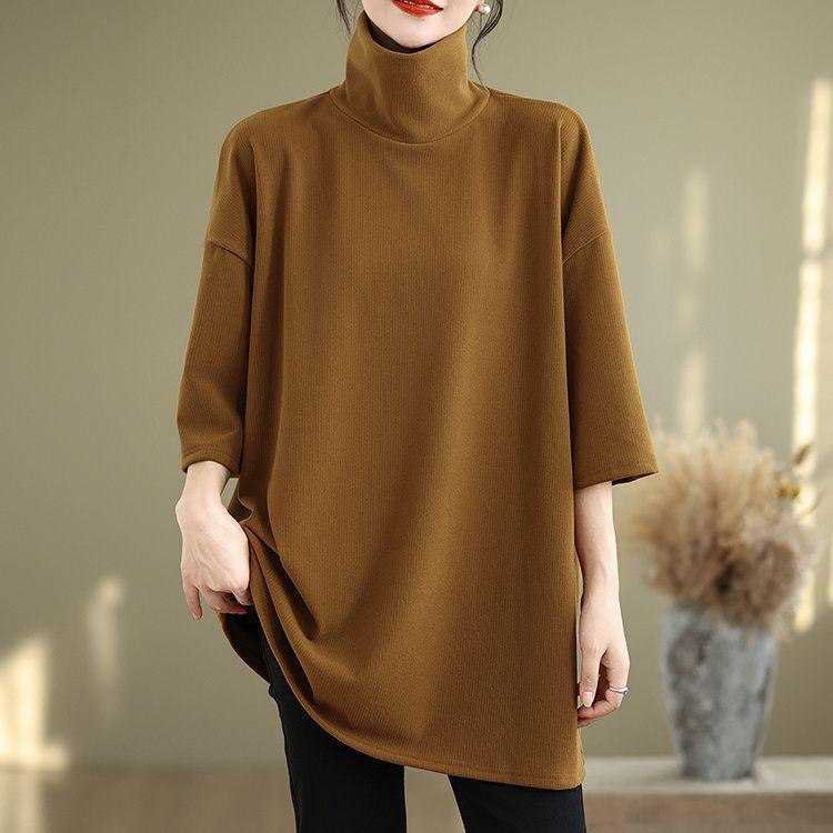 Women's Plus Size Retro High Neck Short Sleeve T-shirt, Autumn 2025, Loose & Slimming Outerwear, Regular Shoulder Base Layer.