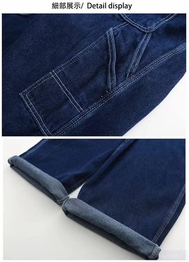 Kayiyasu American Casual Denim Zippered Wide Long Sizes Men's Overalls, 97% Cotton, Flexible, Front, Leg, Length, XS-2XL (Navy, L)