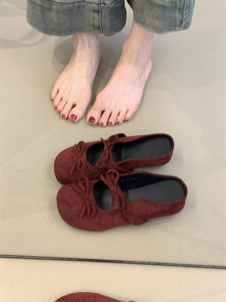 Gentle Bag Head Slippers New Temperament Elegant Bow Round Head Inner Height Lazy Half Drag