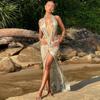 Spring New Women's Sexy Mesh Halter Neck Large Backless Slim Fit Split Print Dress