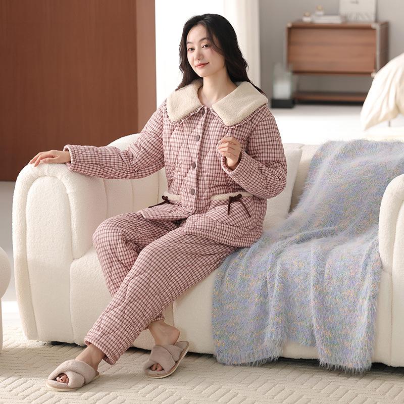 Pajamas Women'S Winter Velvet Thickened Woven Pure Cotton Three-Layer Padded Cotton Winter Padded Jacket Loungewear Set