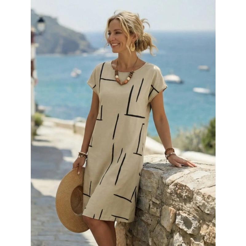 Casual Black Midi Dress With Abstract White Lines Print Round Neck Short Sleeves