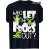 Men's Black T-Shirt with Who Let the Frogs Out Cartoon Graphic - Stretchy Crew Neck Casual Shirt Suitable for All-Season Wear, Machine Washable,