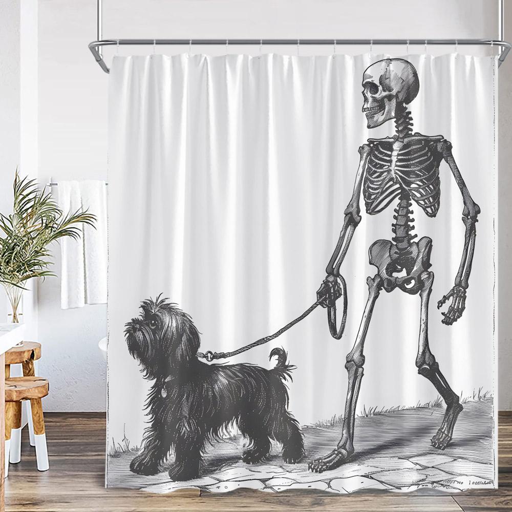 Funny Skeleton Shower Curtain Skull Happy Halloween Vintage Bathoom Decor Scary Retro Polyester Bath Curtain with Hook