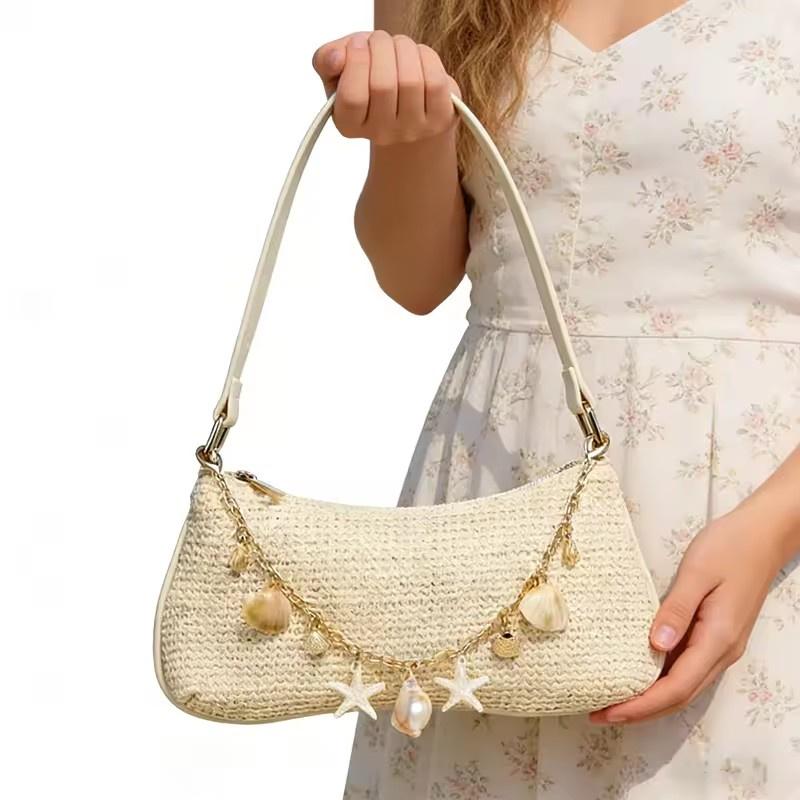 Yogodlns Summer Straw Handbag Purse Chic Weaving Shoulder Bags with Seashell Embellishments Tote Bag for Women Vacation
