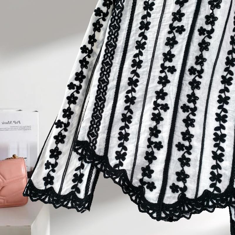 Fashion Elegant Long Sleeved Embroidered Lace Shirt New Lapel Loose and Thin Single-breasted Casual Blouse Female Simple Women's Irregular Top 3504