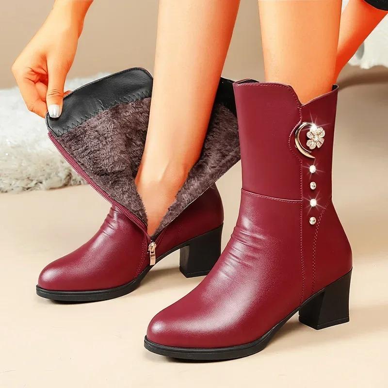 Quality Women's Ankle Boots Fashion Thick High Heels Mid-calf Leather Boots Thicke Plush Warm Cotton Boot Winter Boots for Women