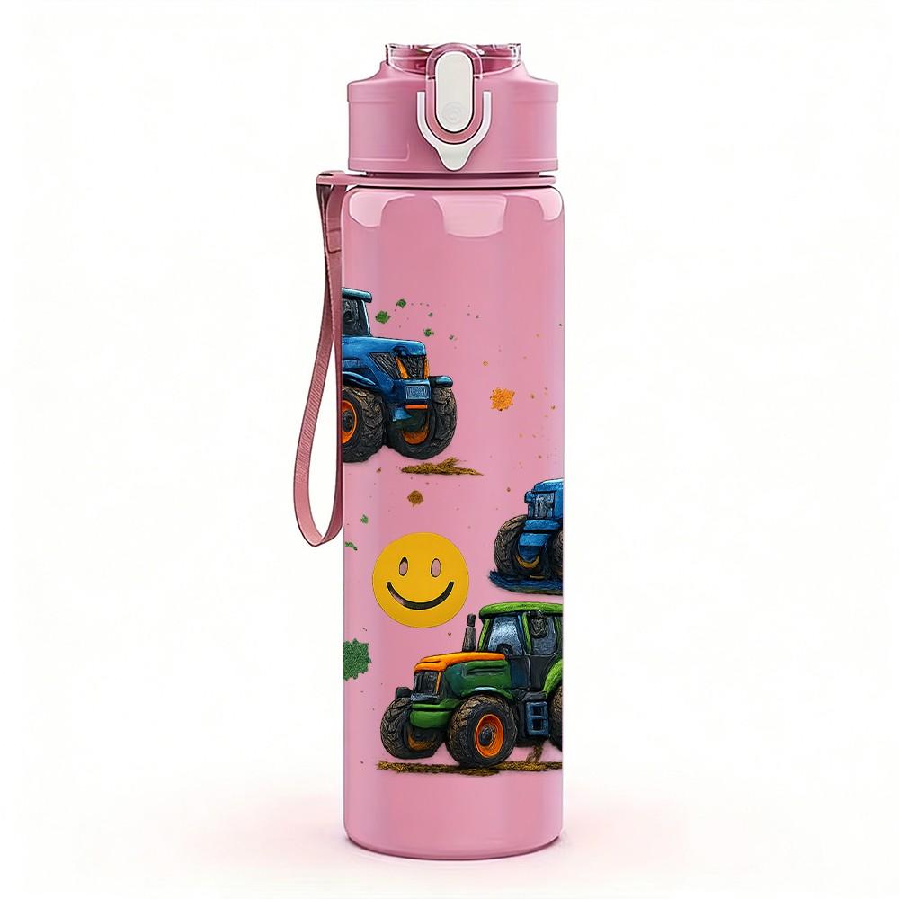 1PC Smiley Face Tractor Pattern 750ml Color Plastic Sports Water Bottle Leakproof Flip Straw Lid Suitable for Sports Office Home Use